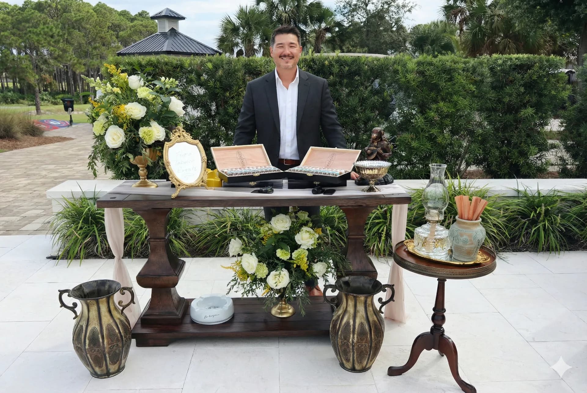 Premium cigar bar setup with custom boxes and elegant presentation at an Emerald Coast event