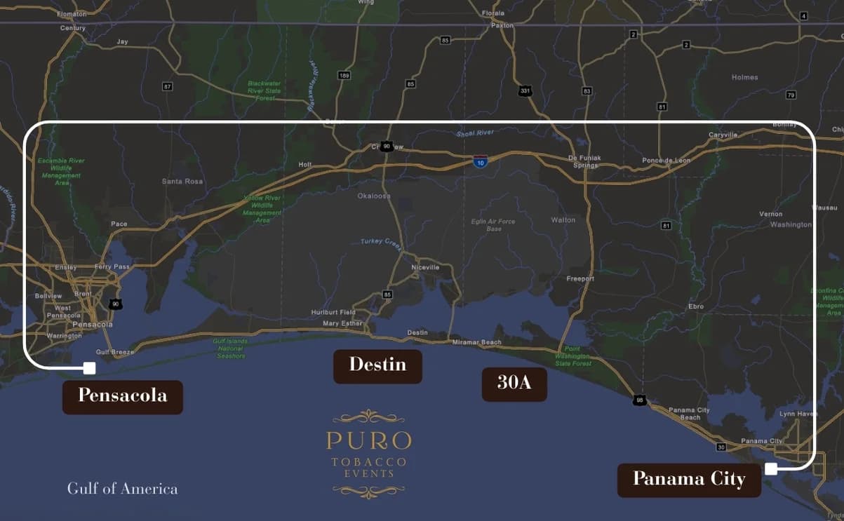 Puro Tobacco Events service area map covering Pensacola, Destin, 30A, and Panama City